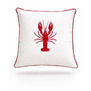 Red lobster worked in raised embroidery on the white 45 x 45 cm cushion, red piped edge
