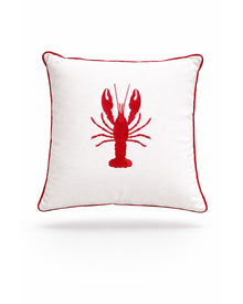 Red lobster worked in raised embroidery on the white 45 x 45 cm cushion, red piped edge