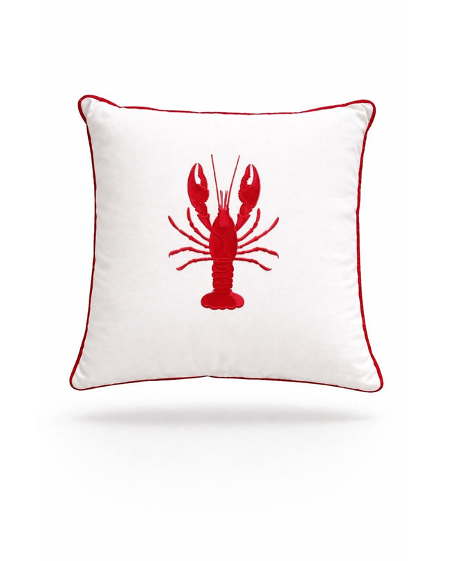 Red lobster worked in raised embroidery on the white 45 x 45 cm cushion, red piped edge