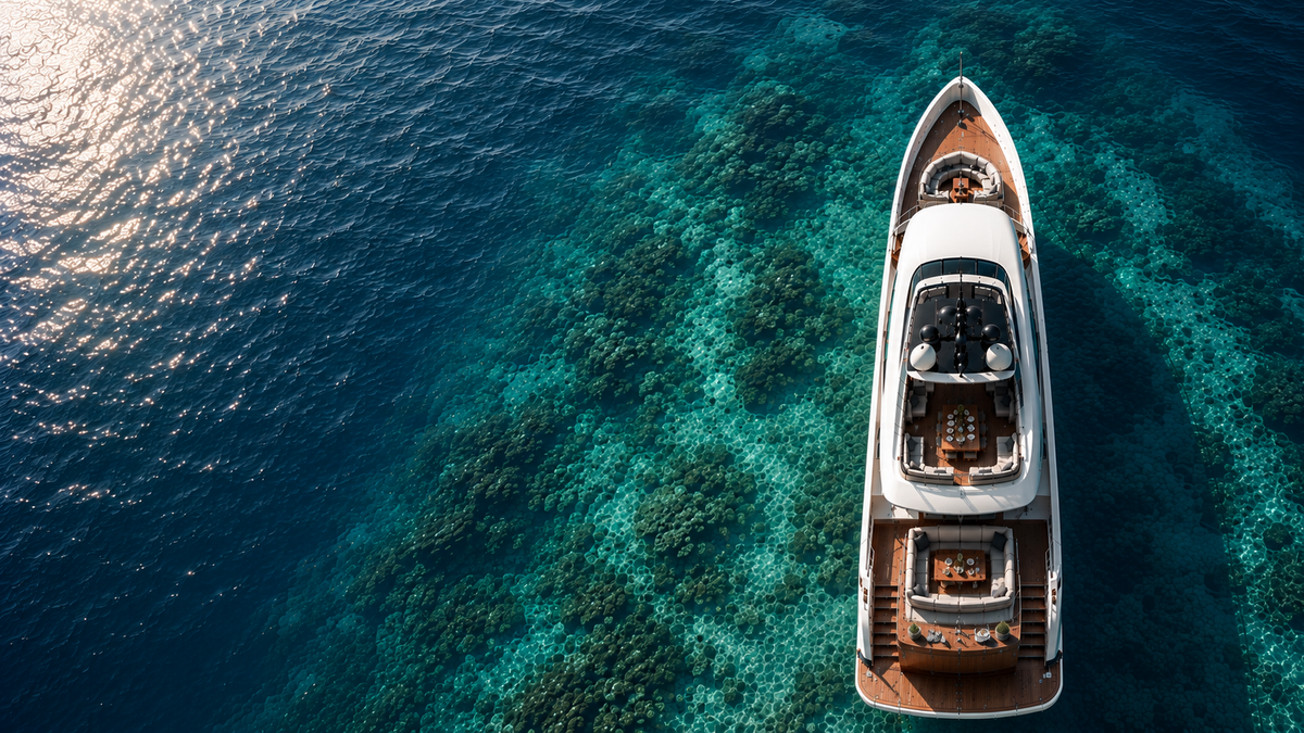Aerial view of a white superyacht with teak decks, anchored over a turquoise coral reef in clear water.