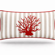 Red coral embroidered across the 35 x 55 cm beige striped outdoor cushion, red piping at the seam