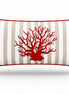 Red coral embroidered across the 35 x 55 cm beige striped outdoor cushion, red piping at the seam