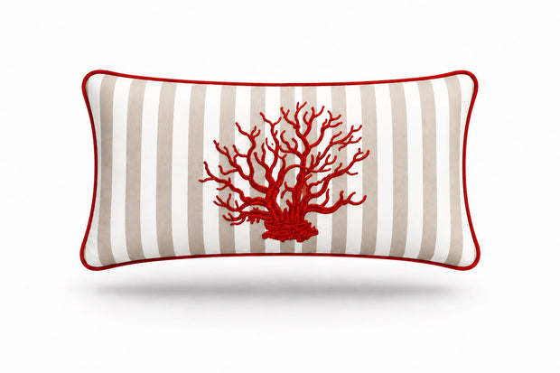 Red coral embroidered across the 35 x 55 cm beige striped outdoor cushion, red piping at the seam