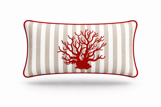 Red coral embroidered across the 35 x 55 cm beige striped outdoor cushion, red piping at the seam