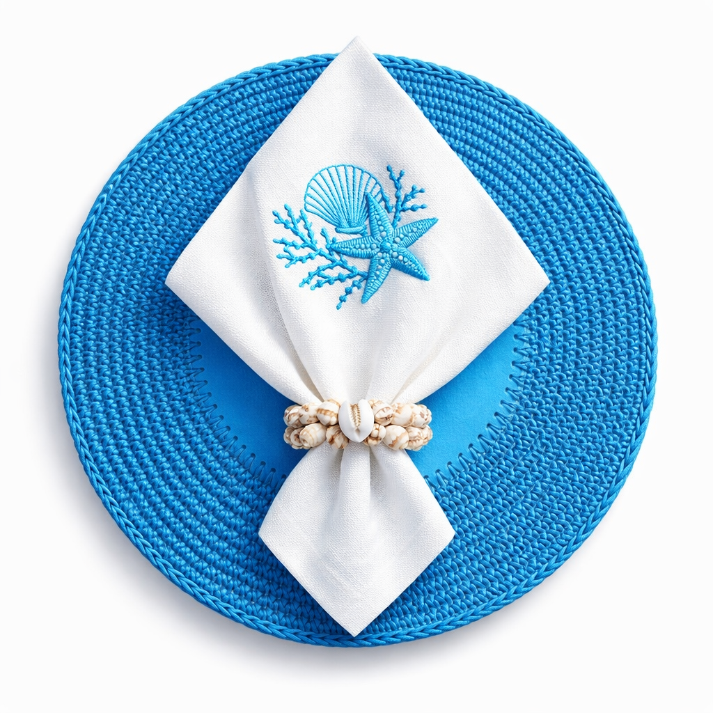 Blue 36 cm placemat, white napkin embroidered with shell and starfish in a shell ring on top