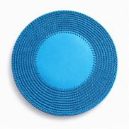 Blue 36 cm placemat from above, leather centre disc whipstitched into concentric cord rows