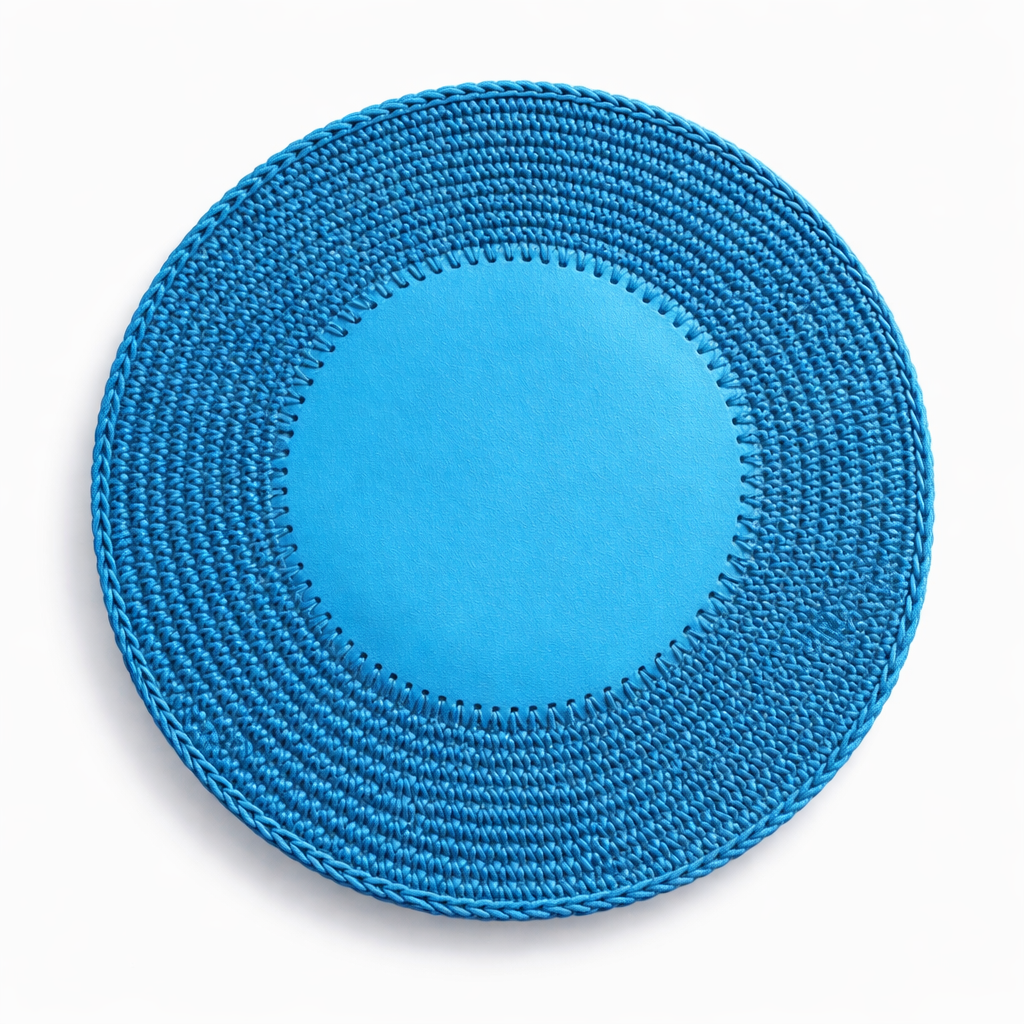 Blue 36 cm placemat from above, leather centre disc whipstitched into concentric cord rows
