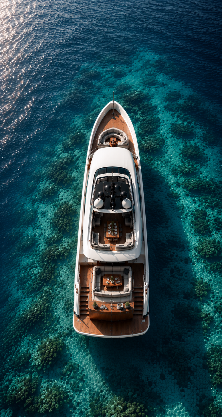 A superyacht seen from directly above, teak deck lounges and dining tables laid out, anchored over a turquoise coral reef.