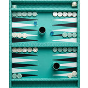 The turquoise folding board opened flat, pearl checkers ranged along the points inside braided leather walls