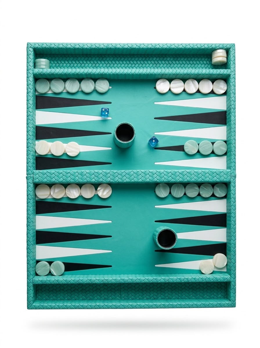 The turquoise folding board opened flat, pearl checkers ranged along the points inside braided leather walls