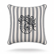 Black nautilus shell embroidered on a 45 x 45 cm grey striped outdoor cushion, black piping