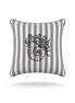 Black nautilus shell embroidered on a 45 x 45 cm grey striped outdoor cushion, black piping