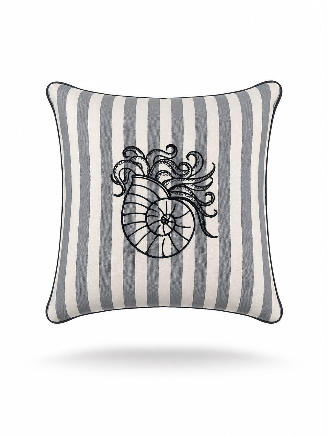 Black nautilus shell embroidered on a 45 x 45 cm grey striped outdoor cushion, black piping