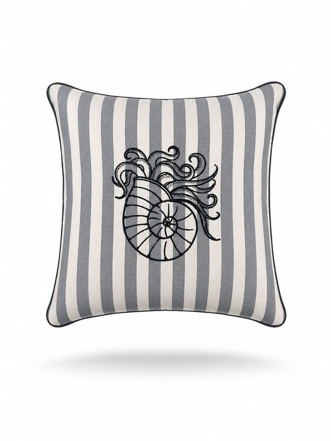 Black nautilus shell embroidered on a 45 x 45 cm grey striped outdoor cushion, black piping