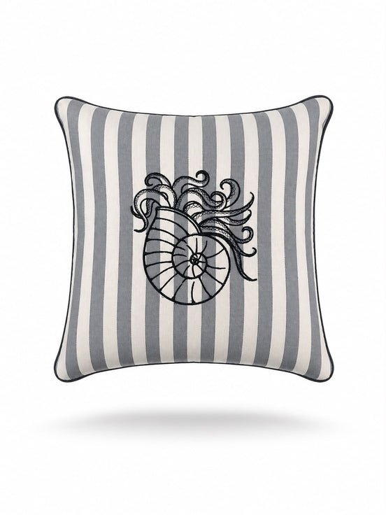 Black nautilus shell embroidered on a 45 x 45 cm grey striped outdoor cushion, black piping