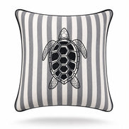 Sea turtle stitched in black on the grey striped 45 x 45 cm cushion, piped along every edge