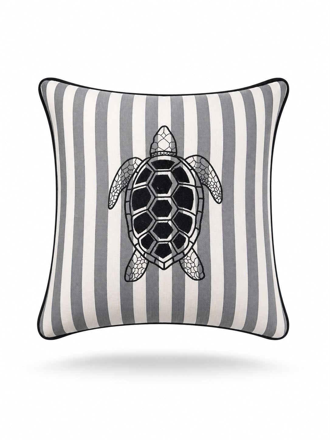 Sea turtle stitched in black on the grey striped 45 x 45 cm cushion, piped along every edge