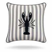 Black lobster embroidered between the grey stripes of the 45 x 45 cm outdoor cushion