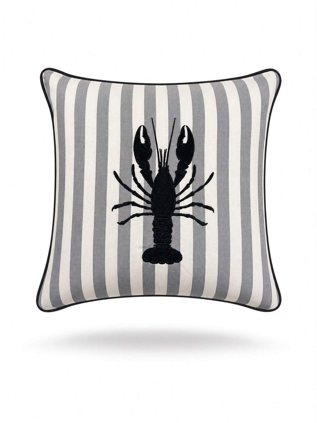 Black lobster embroidered between the grey stripes of the 45 x 45 cm outdoor cushion