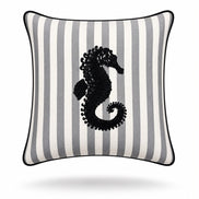 Black seahorse in raised embroidery on the 45 x 45 cm grey striped cushion, black piped seam