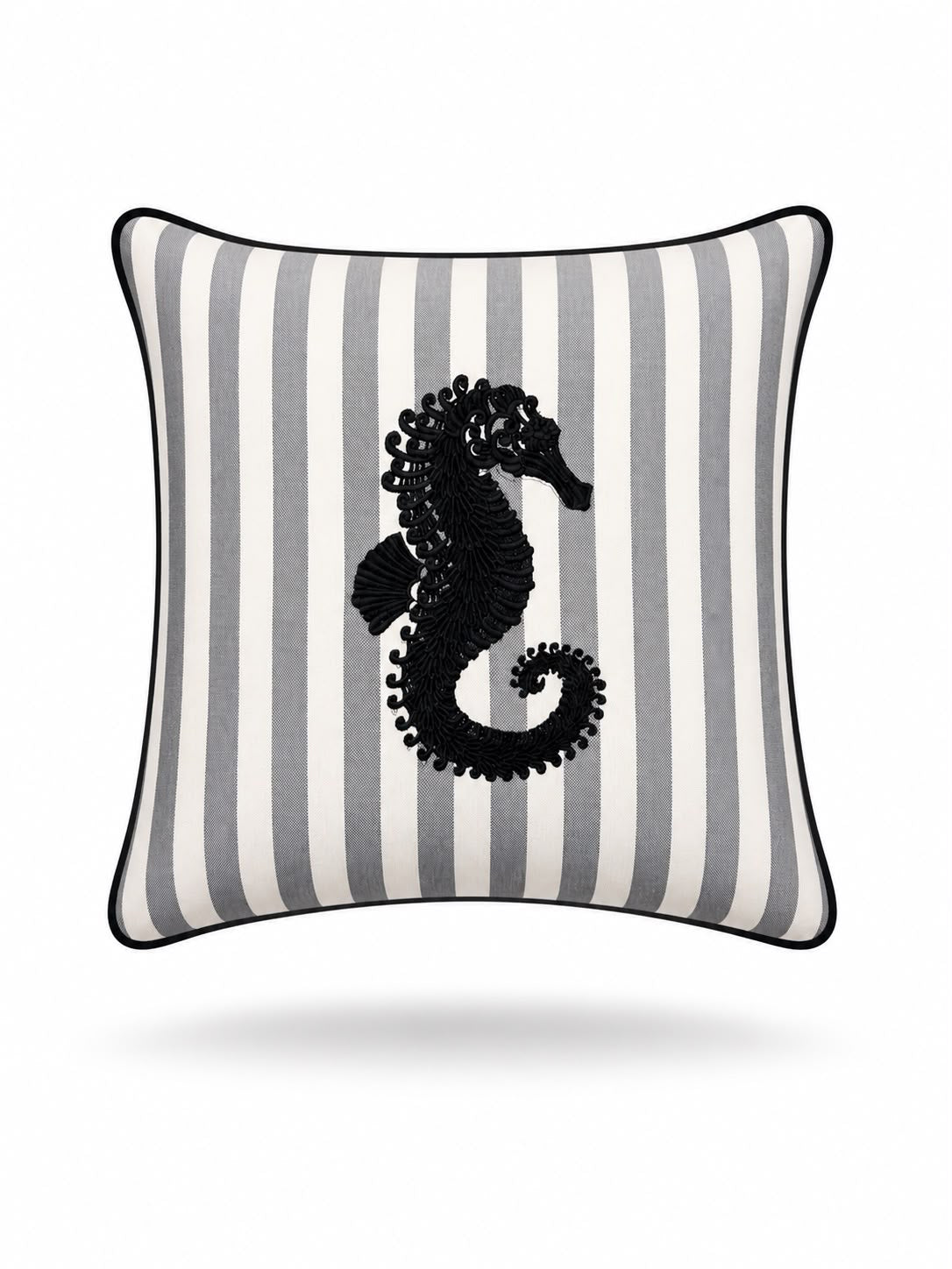 Black seahorse in raised embroidery on the 45 x 45 cm grey striped cushion, black piped seam