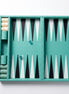 Turquoise woven leather backgammon board open flat, black and white points across the 50 cm bed