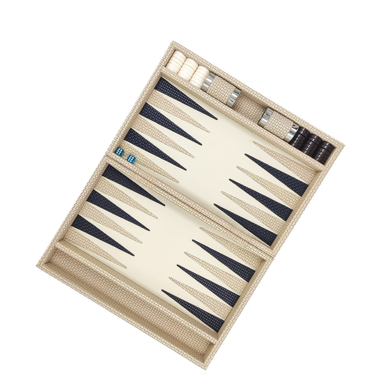 Cream woven leather backgammon case opened lengthwise, checkers and dice cups stacked in the rail