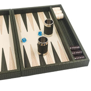 Forest green woven leather backgammon board with beige woven points and two green leather dice cups