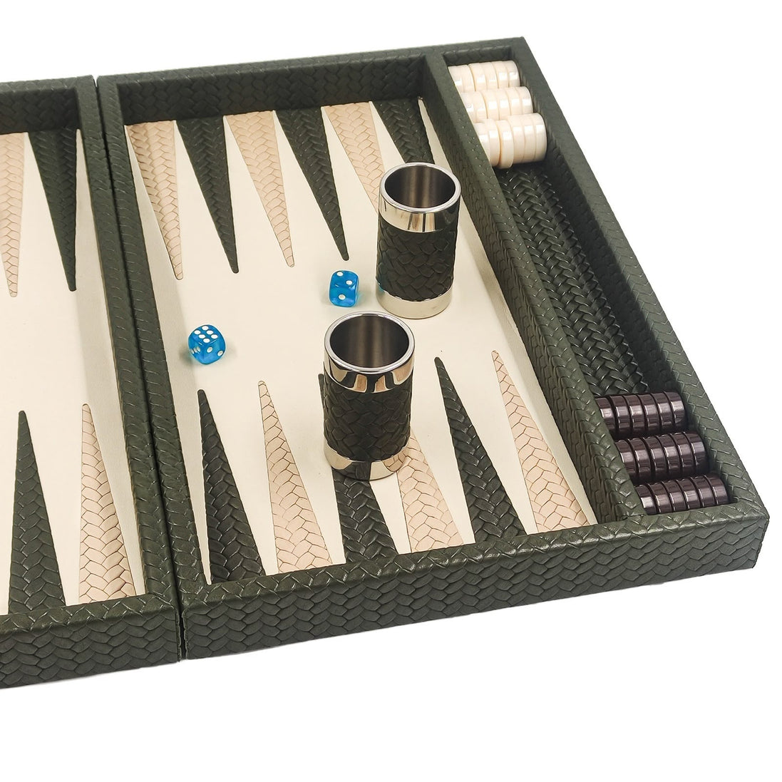 Forest green woven leather backgammon board with beige woven points and two green leather dice cups