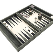 Sage green woven leather backgammon set open flat, navy and sage points, grey and white checkers