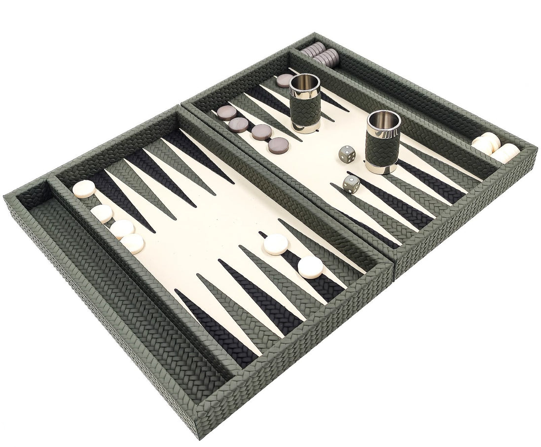 Sage green woven leather backgammon set open flat, navy and sage points, grey and white checkers