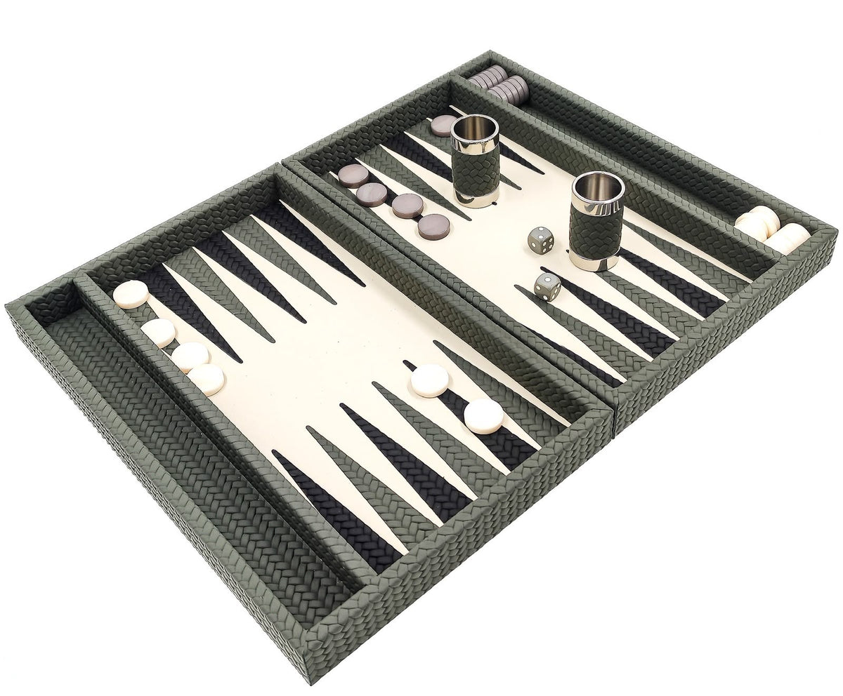 Sage green woven leather backgammon set open flat, navy and sage points, grey and white checkers