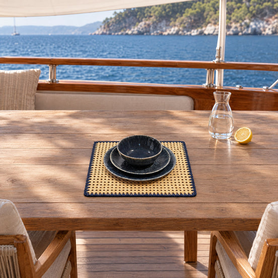 Bamboo Woven Placemat – 40 × 40 cm — lunch at anchor aboard a classic wooden gulet in the Aegean