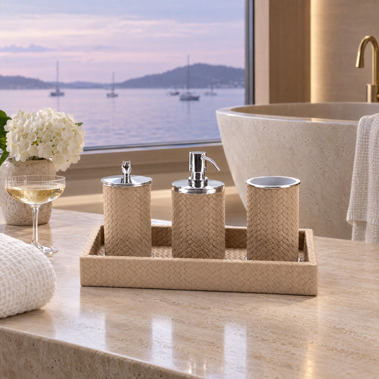 Four-Piece Bathroom Set with Woven Leather Tray — owner's bath suite in the early evening after a day at anchor