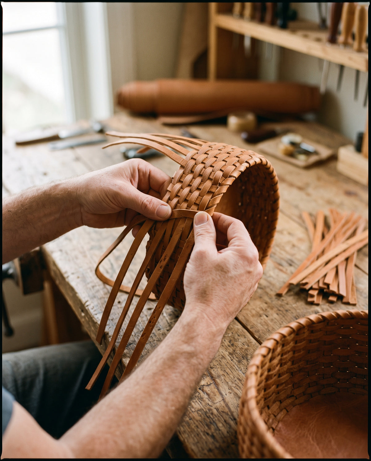 Hands weaving tan leather strips into a 36 cm hand-woven Veyra Deck basket on a workbench.