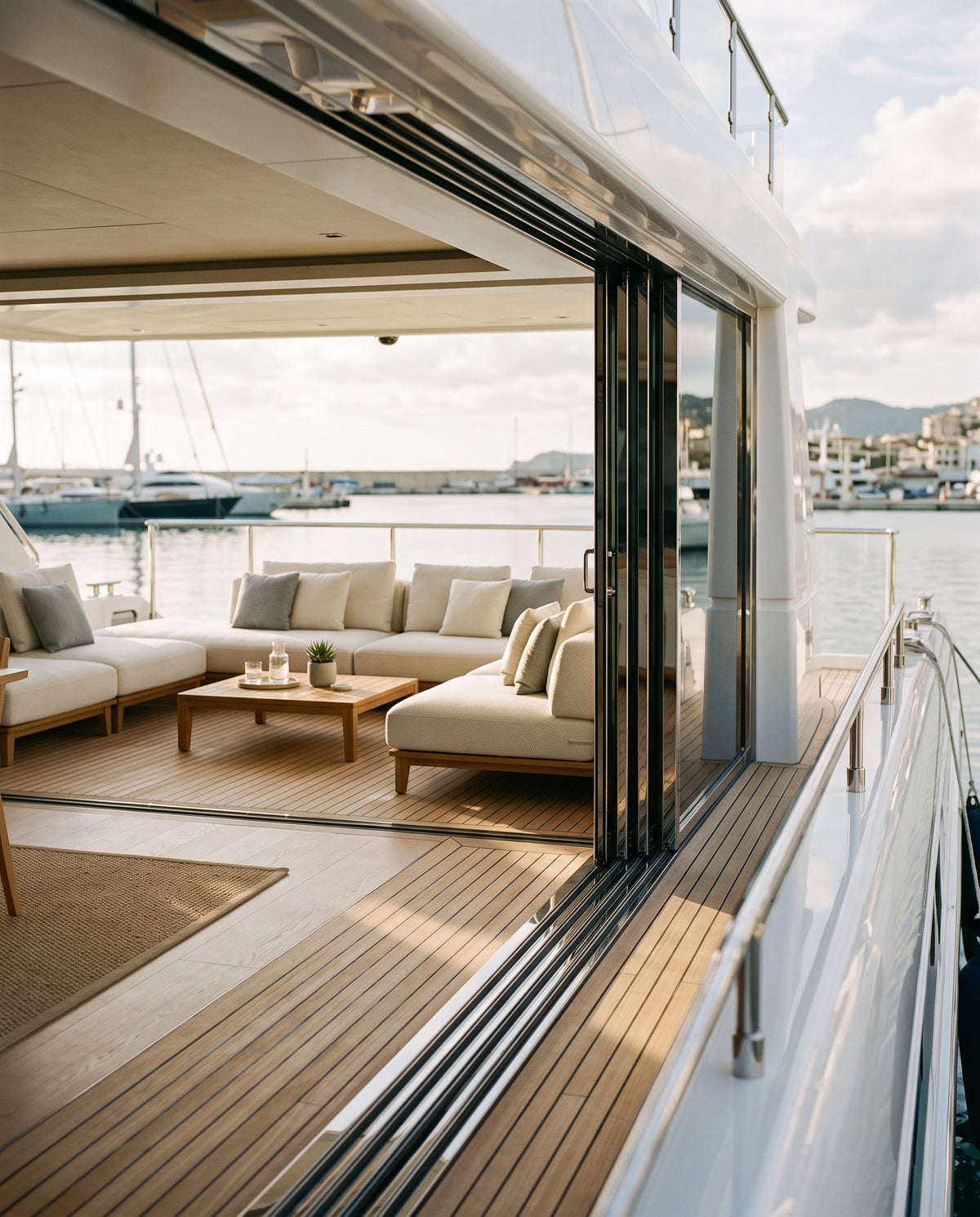 Glass wall retracted between a yacht salon and teak outdoor deck lounge with pale modular sofas