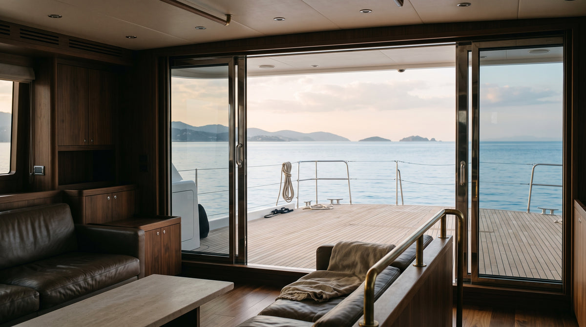 Yacht saloon with walnut joinery and dark leather seating opening onto a teak side deck and calm sea.