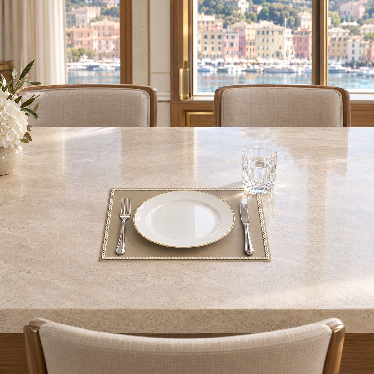 Braided-Edge Rectangular Placemat – 40 × 30 cm — a formal lunch in the main dining salon moored in Portofino