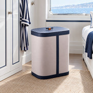 Lidded Canvas and Leather Laundry Hamper – 45 × 30 cm — a guest cabin in crisp navy-and-white nautical style