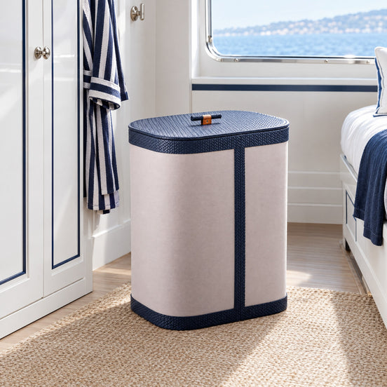 Lidded Canvas and Leather Laundry Hamper – 45 × 30 cm — a guest cabin in crisp navy-and-white nautical style