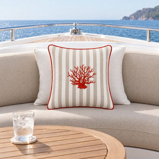 Nautical Embroidered Outdoor Cushion – Beige Stripe, coral design — the sunken seating pit at the bow