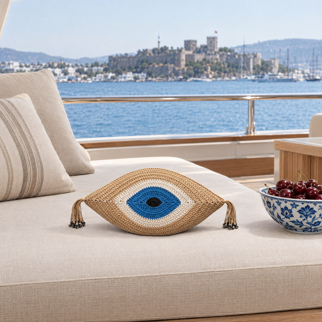 Evil Eye Crochet Decorative Cushion – 35 × 55 cm, camel — anchored off Bodrum