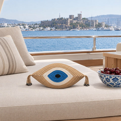 Evil Eye Crochet Decorative Cushion – 35 × 55 cm, camel — anchored off Bodrum