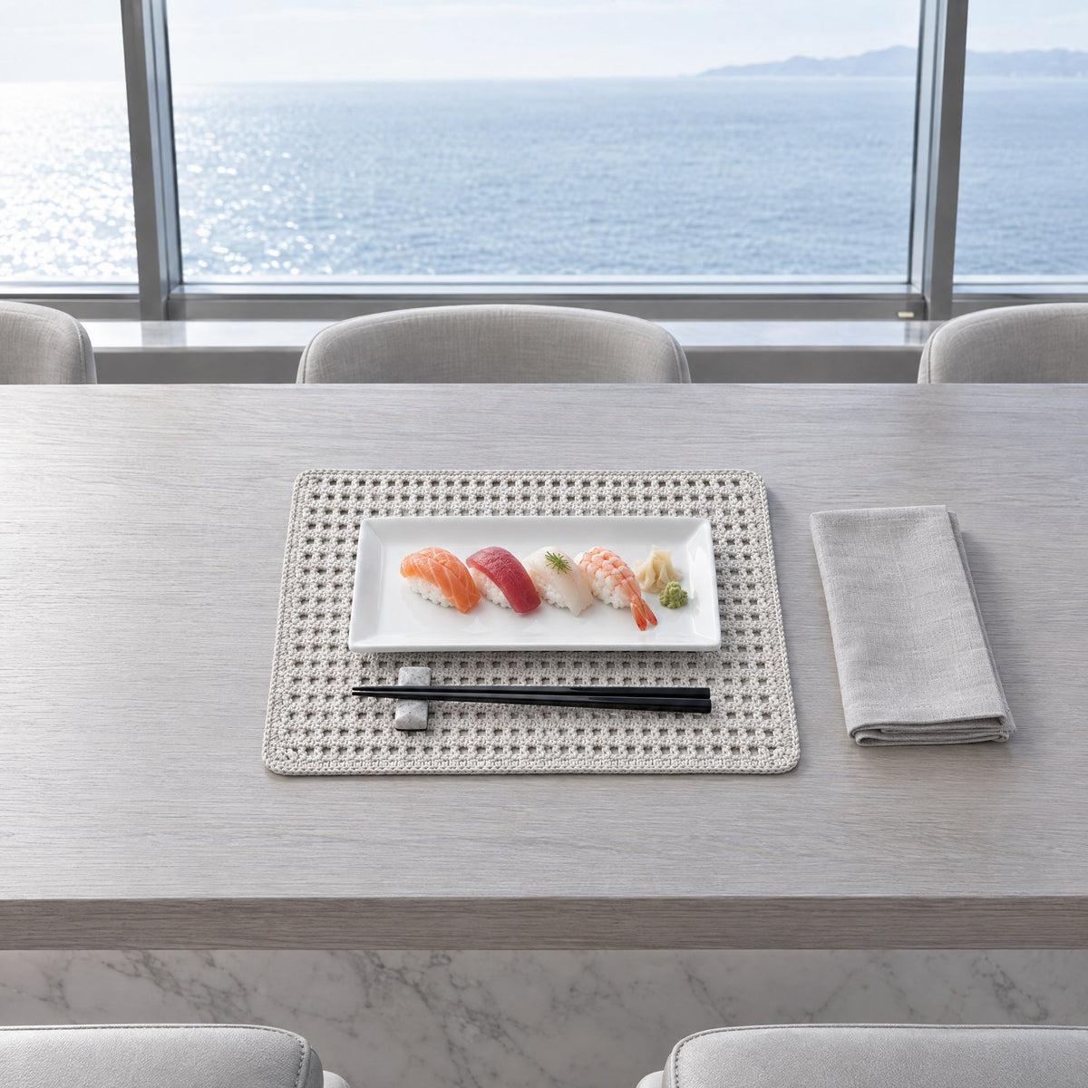 Hand-Woven Leather Cord Placemat – 40 × 30 cm — a sushi lunch at the sky-lounge counter