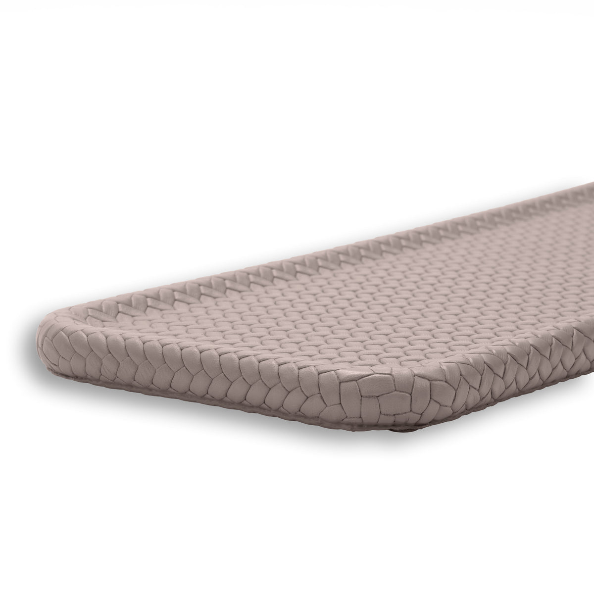 Mink slim tray, corner view showing where the woven field meets the plaited border