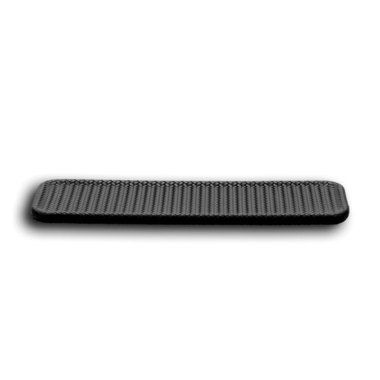 Black slim leather tray in side elevation, showing how low the 1 cm profile sits on a surface