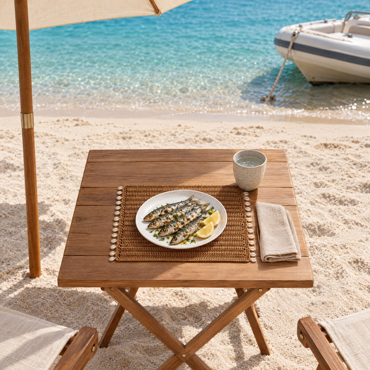 Jute Placemat with Shell Detail – 48 × 37 cm — a picnic on a secluded beach, brought ashore by tender