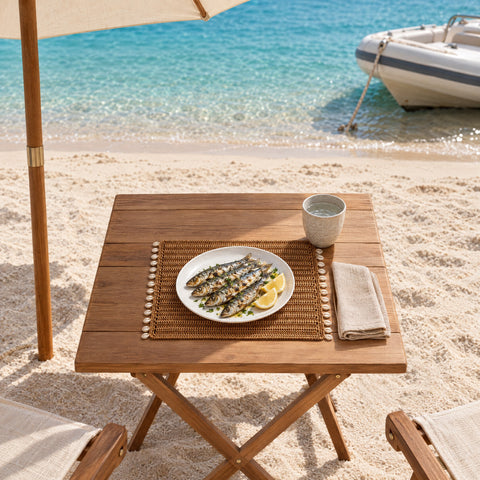 Jute Placemat with Shell Detail – 48 × 37 cm — a picnic on a secluded beach, brought ashore by tender