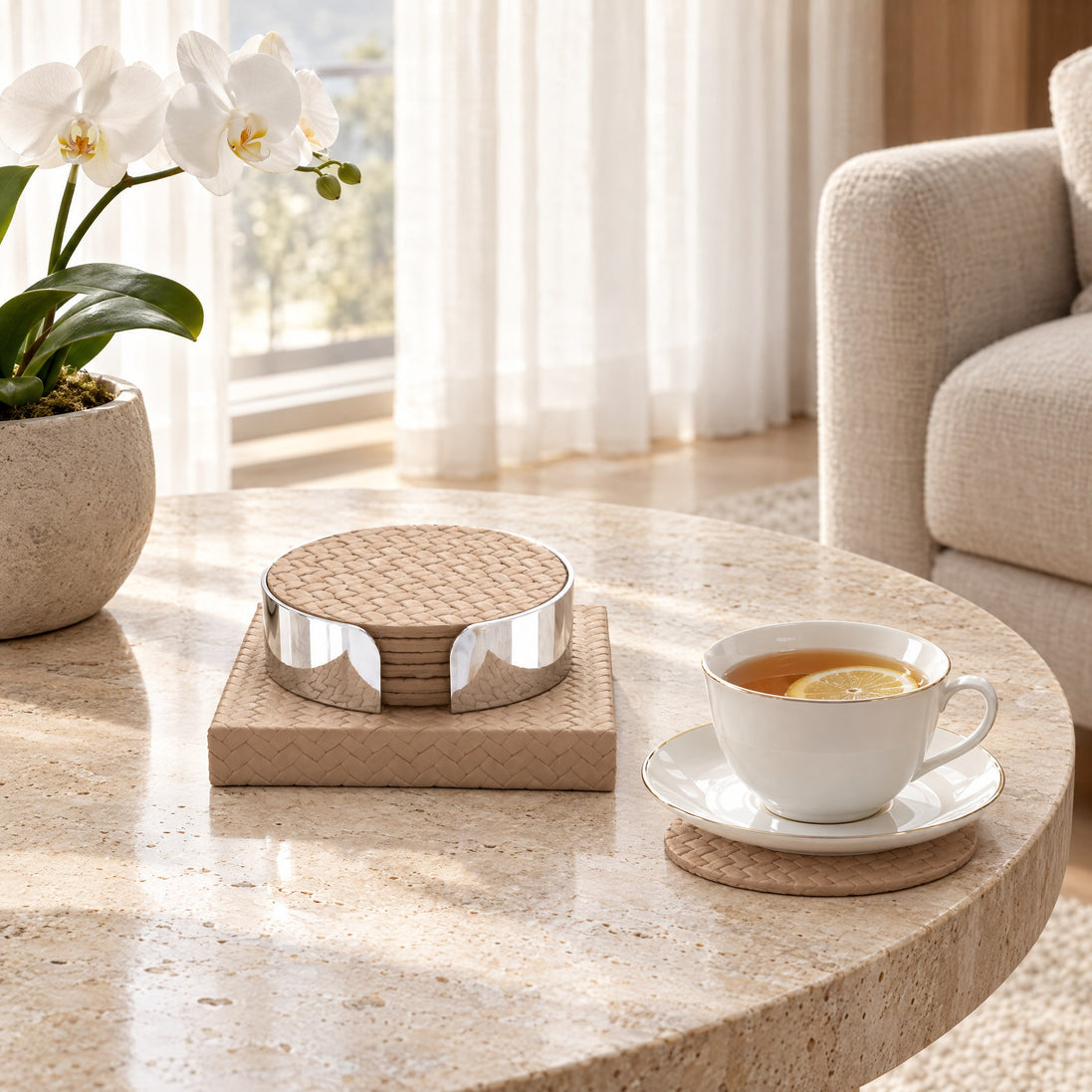 Woven Leather Coaster Set with Stainless Steel Stand – Set of 6 — afternoon tea in the main salon
