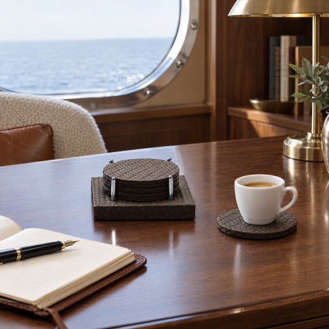 Leather Coasters with Stainless Steel Corner Detail – Set of 6 — the owner's study corner in the main salon of a motor yacht
